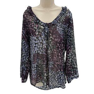 Travel Smith Womens Purple Print Semi Sheer Scoop Neck Long Sleeve Blouse Size M